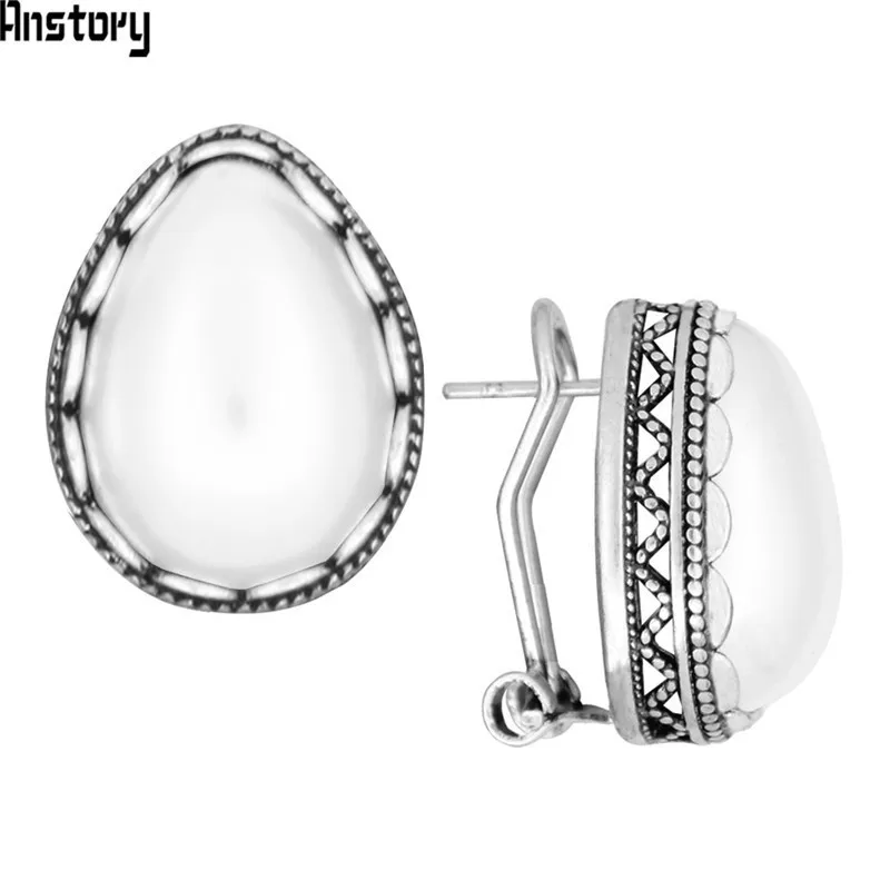 Water Drop Pearl Earrings Stud For Women Vintage Look Flower Design Antique Silver Plated Push-Back Fashon Jewelry TE508