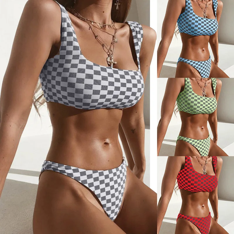 

Sexy Women Swimsuits Plaid Checked Print Padded Push Up Bikini Set Swimwear Bathing Suits Lattice Swimsuit Bikini 2019