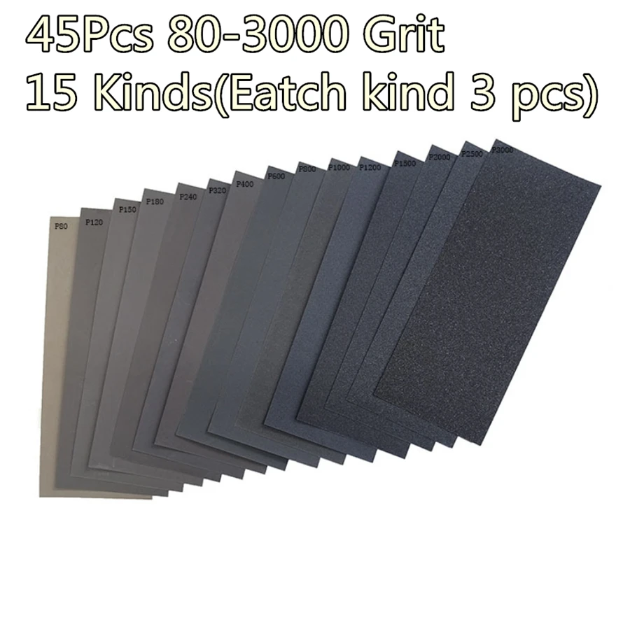 

45Pcs/set Wet Dry Sandpaper 80 -3000 Grit Assortment 9x3.6'' Abrasive Paper Sheet Sanding