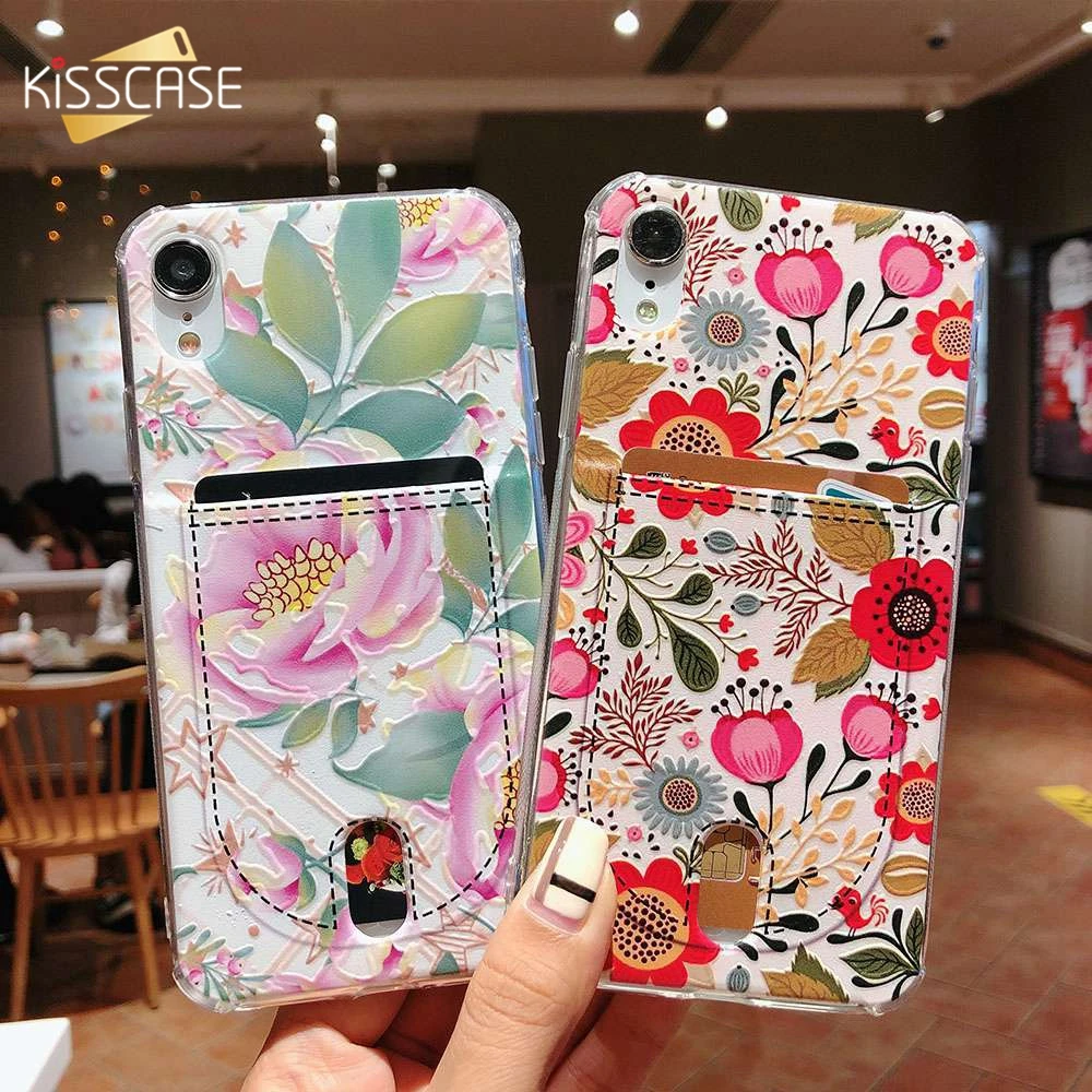 

KISSCASE 3D Embossed Flower Card Slot Phone Case For iPhone X XS Max XR 5 5S SE Mobile Phone Case For iPhone 6 6S 7 8 Plus Coque