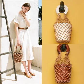 

Women's Handbags Tote PU Leather Luxury Handbags Women Bags Designer Knitting Rope Fishing Grid Bucket Bag Bolsa Feminina