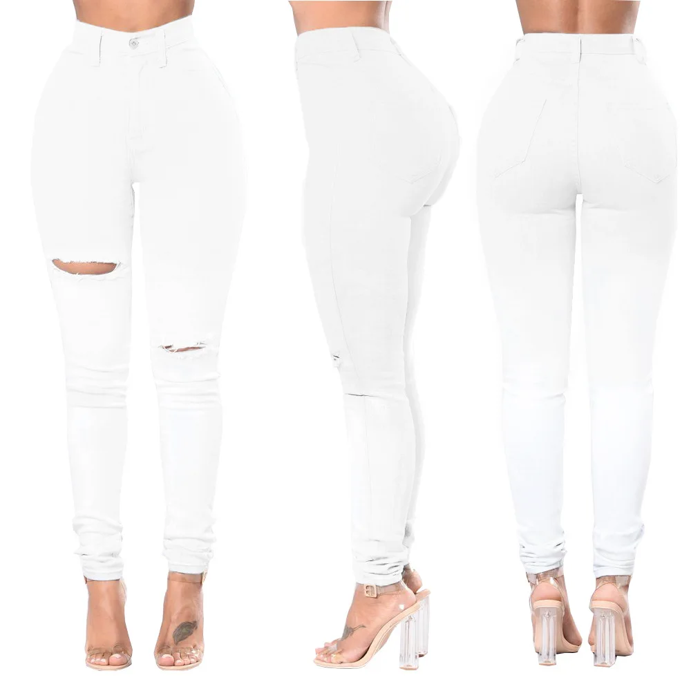 

Jeans of Women Fashion Sexy High Waisted Skinny Hole Jeans Women White Stretch Slim Pants Ankle Length Pencil Pants Plus Size