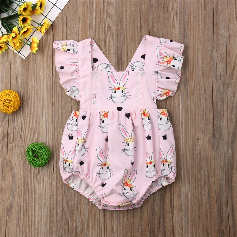 

2019 Summer Sleeveless Pink Outfits Backless Girl Clothing Costume Lovely Newborn Baby Girls Easter Bunny Rabbit Bodysuit