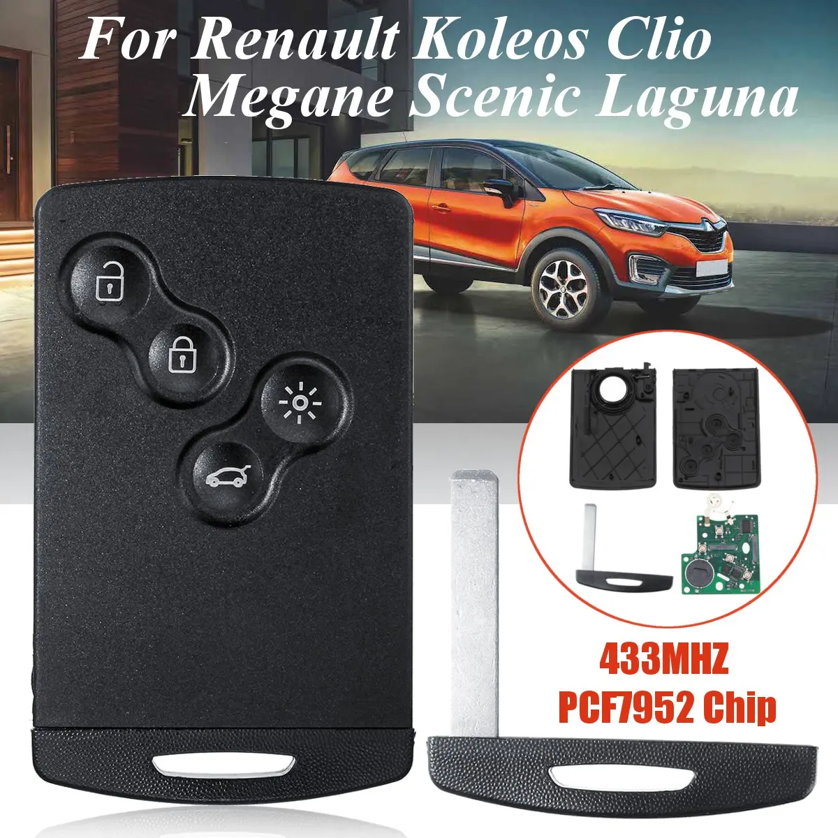 

1pcs 4 Button Car Key Card Fob 433MHZ PCF7952 Chip Remote Key Car Key For Renault Koleos Clio Megane Scenic Laguna with Blade