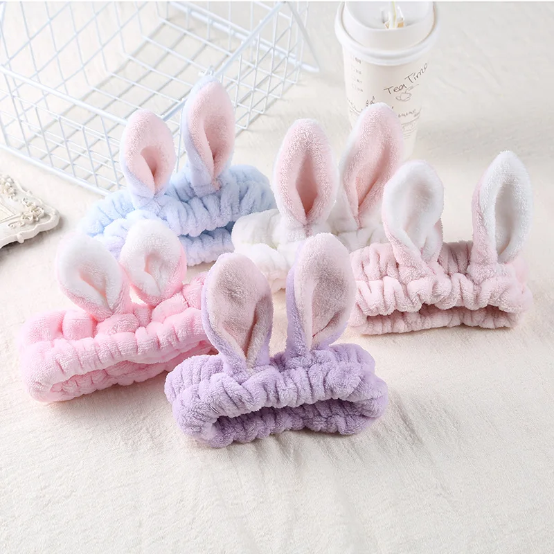 

New Cute Rabbit Ears Headbands Women Girl Sweet Candy Color Washing Face Shower Plush Hair Accessories Makeup Turban Headwear