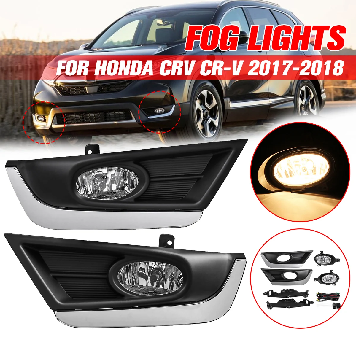 

Pair DC 12V 55W Bumper Fog Lights Driving Lamps w/ Grilles w/Wiring Harness H11 bulbs For Honda CRV CR-V 2017-2018
