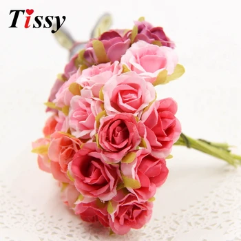 6PcsLot Silk Scrapbooking Mini Rose Artificial Flower Bouquet Decorative Fake Wreath Flower For DIY Wedding Craft Decoration