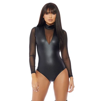 

#0804 Black Mesh Sheer Long Sleeve PU Faux Leather Bodysuit Women High Neck Sexy Club Tops PVC See Through Body Suits For Women