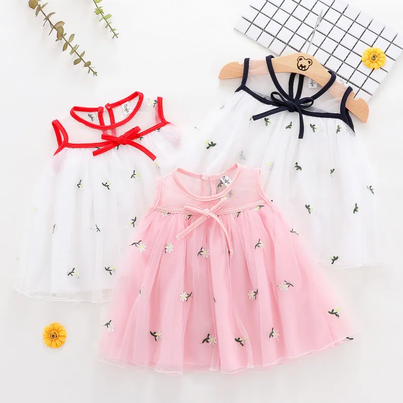 

Children's Wear Summer New Girl Baby Sleeveless Mesh Dress Children's Pure-colour Small Fresh Embroidered