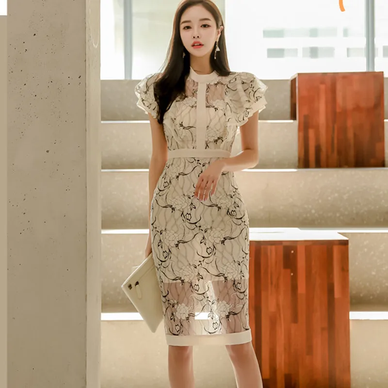 

Summer Korean Style Lace Pencil Dress Women Butterfly Sleeve Sheath OL Dresses Elegant Patchwork Hip Package Vestidos Femme 2019