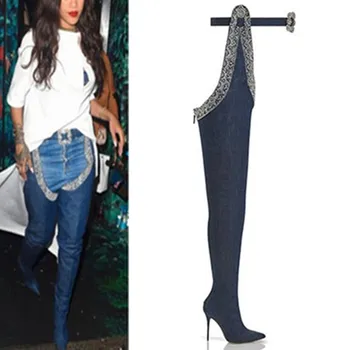 

Trendy Design Beading Belted Thigh High Boots Sexy Stiletto Heel Pointy Boots Plus Size Fashion Shoes Women