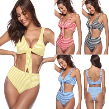 

2Pcs Set Padded Bra Bikini Bow Striped Women Bandage Push-up Triangle Swimwear Bathing