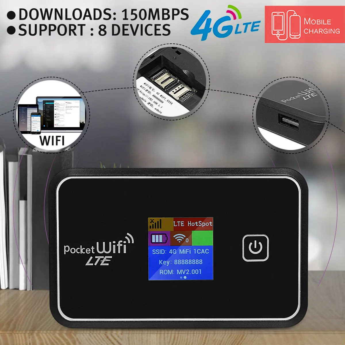

4G Wireless Router Portable WIfi Modem LCD Display 4300mAh Charger 150Mbps Short Message/Phonebook Setting Support 8 Devices
