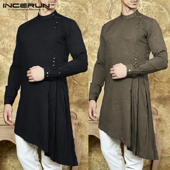 

INCERUN Men Shirt Cotton Indian Suit Solid Long Sleeve Vintage Casual Male Long Shirt Robe Men Islamic Muslim Arab Kaftan