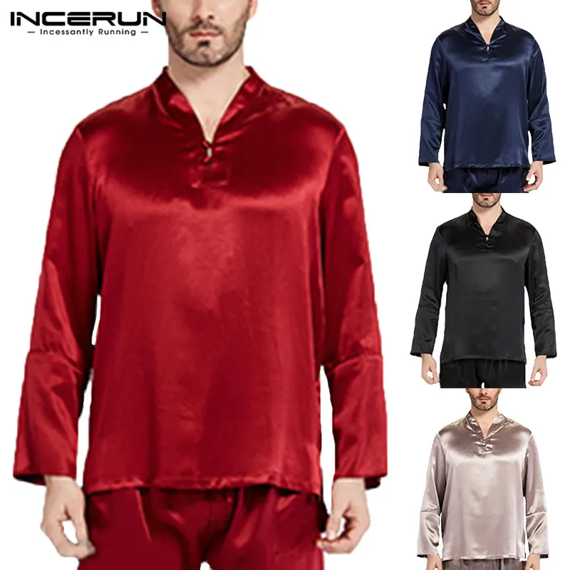 2019 Men Sleep Tops Long Sleeve Silk Satin Soft Homewear Men Tops V