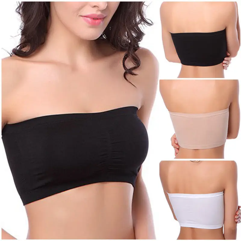 

Basic Black/White/Skin Womens Plus Size S-2XL Strapless UnPadded Bra Bandeau Tube Top Removable Pads Seamless Crop Colors