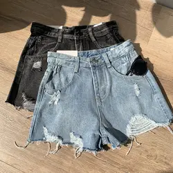 Mooirue 2019 летние джинсовые шорты модные корейские горячие брюки Feminino корейские высокие отверстия шерсть Drawstring Черные Серые прямые шорты