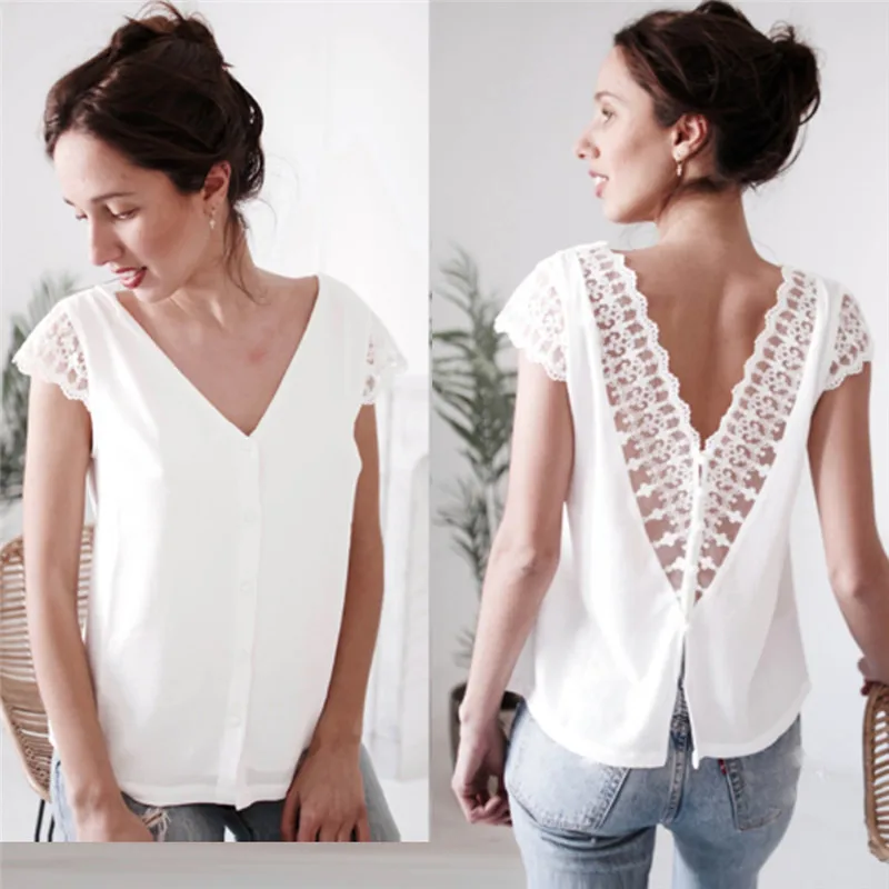 

2019 Women Boho Summer Loose Chiffon Tops Causal Short Sleeve Shirt Lace Hot t Shirt