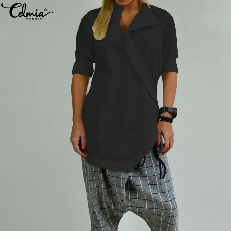Skup Celmia Vintage kobiety popy i bluzki długi guzik na rękawie w dół retro koszule luźne dorywczo jednolite, asymetryczne obszycie Blusas Plus rozmiar