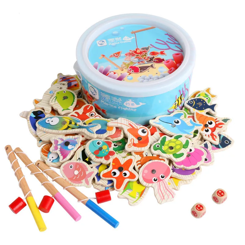 Logwood 60 шт. набор магнитных рыболовных игрушек игра для детей удочка 3D Рыба Детские развивающие уличные развлечения неэлектрическое многоцветное дерево