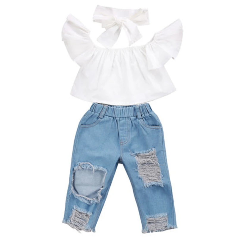 CANIS/ г. Новая модная повседневная одежда для маленьких девочек топы с открытыми плечами+ джинсы с дырками, комплект летней одежды