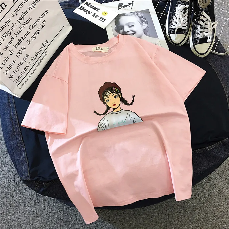 

New Fashion T shirt Woman Spring Summer Girls Print Short Sleeve O Neck Cotton Spandex Womens Top Slim Fit Soft Women Tshirt