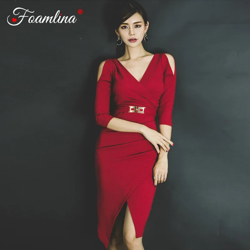 

Foamlina Sexy Red Bodycon Dress Cold Shoulder Half Sleeve Party Vestidos V Neck Front Split Women Work Pencil Dress Robe Femme