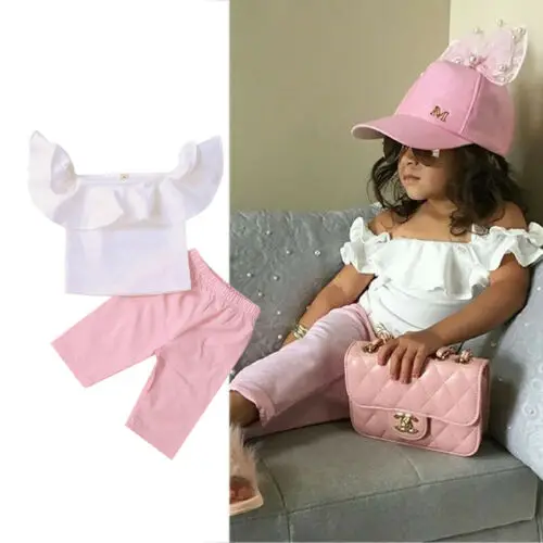 2Pcs Set Toddler Clothes Kid Baby Girl Ruffle Off Shoulder T-shirt Tops+Long Pants Children Summer Putfit |