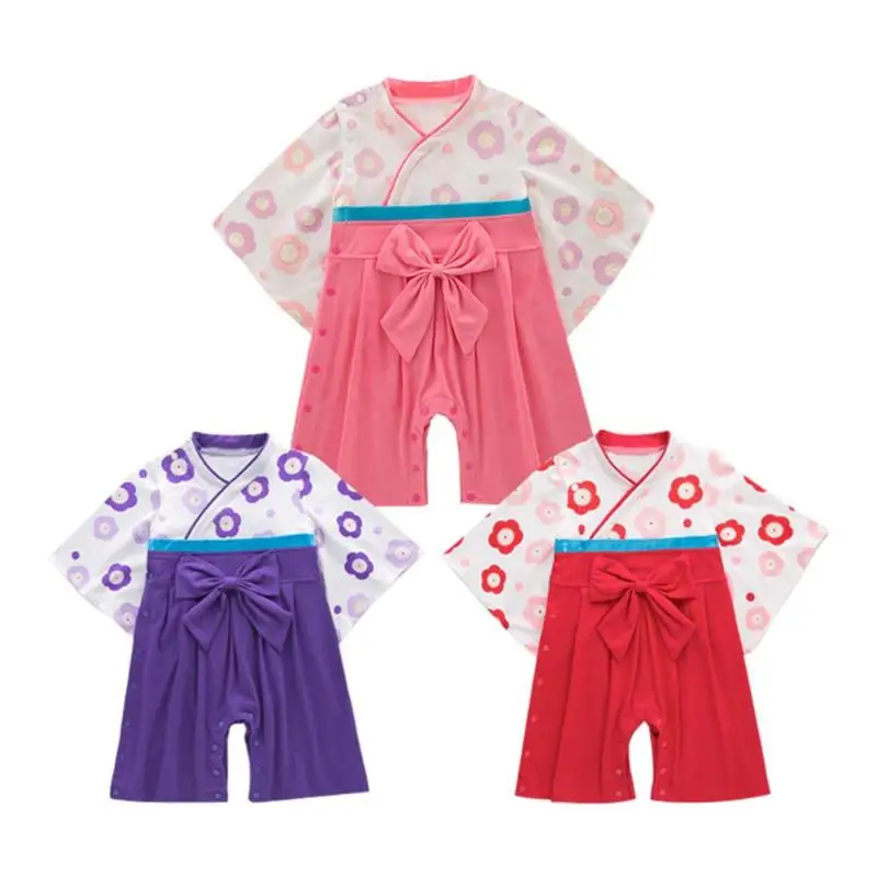 

Baby Girls Summer Long Sleeve Romper Kimono Style Bowknot Print Jumpsuit