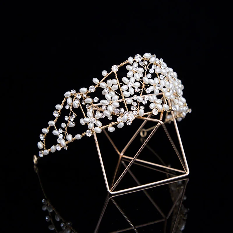 

Rosebridalpark Hand Wired Rhinestone Bridal Pearl Beaded Tiara Headband Gold New Wedding Hair Vine Women Headpiece Accessories