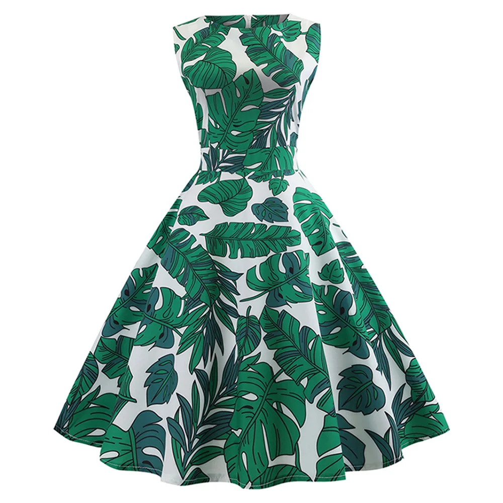 

Retro Tropical Leaf Print Sleeveless Summer Vintage Dress Green Banana Leaf Print Retro Dress 60s Rockabilly Party Vestidos