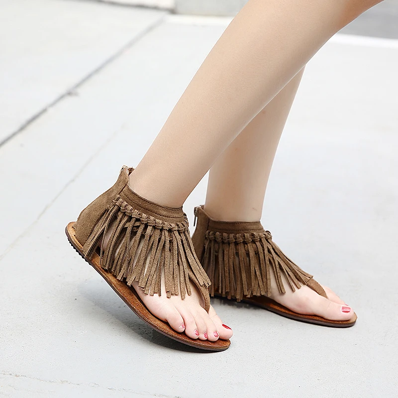

Fringe Gladiator Sandals Women Thong Rome Sandals Boho Shoes Flat Heel Brown Black