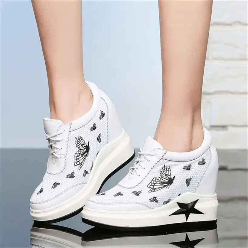 Véritable black1 Noir Wedge Plate Lacets Talons Parti Sneakers Sandales Femmes Cuir Hauts Bottines Blanc Respirant Du black2 white1 À White2 forme De htsrCxdQ