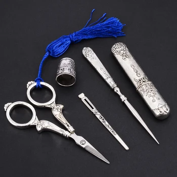 5Pcs//Set European Vintage Silver Embroidery Sewing Scissors Thimble Needle Case