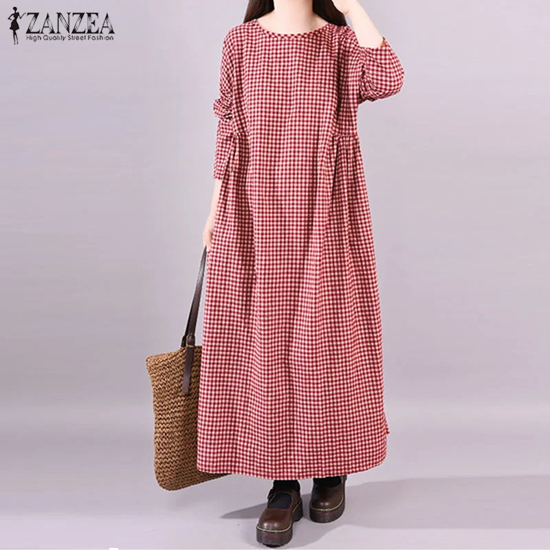  ZANZEA Women Dress Autumn Long Sleeve Dress Plaid Check Pockets Vestido Kaftan Robe Casual O Neck V