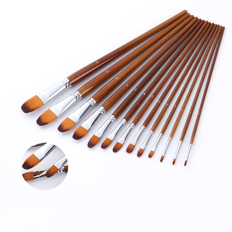 

12PCS/Lot Nylon Pointed Flat Head Acrylic Paint Brush Dark Brown Handle Artistic Brushes For Watercolor Painting Art Supplies