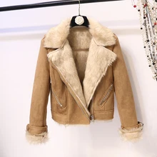 Замшевая куртка женская короткая новая зимняя утепленная теплая куртка с искусственным мехом цвета хаки в стиле панк на молнии с отложным воротником Верхняя одежда