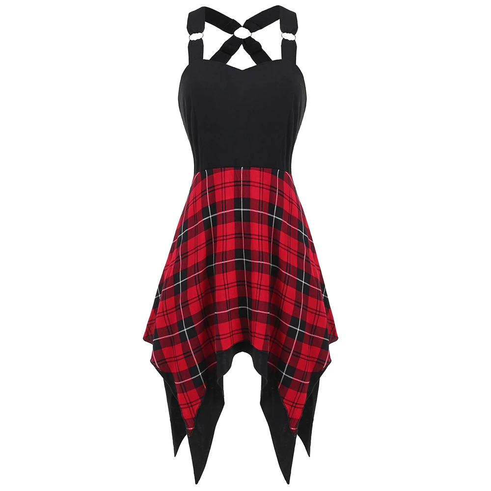 

Lortalen Sweetheart Neck Tartan Print Insert Asymmetrical Women Dress Casual Sleeveless Summer Beach Dress Sexy Club Party Dress