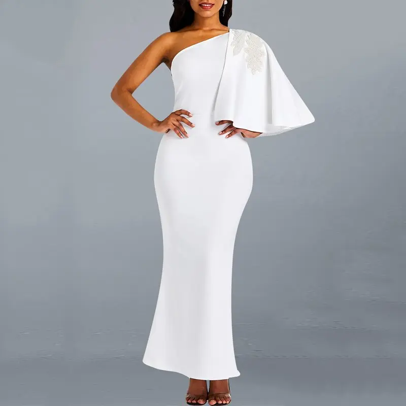 White Women Dinner Party Dress One Shoulder 2019 Elegant Female Trumpet