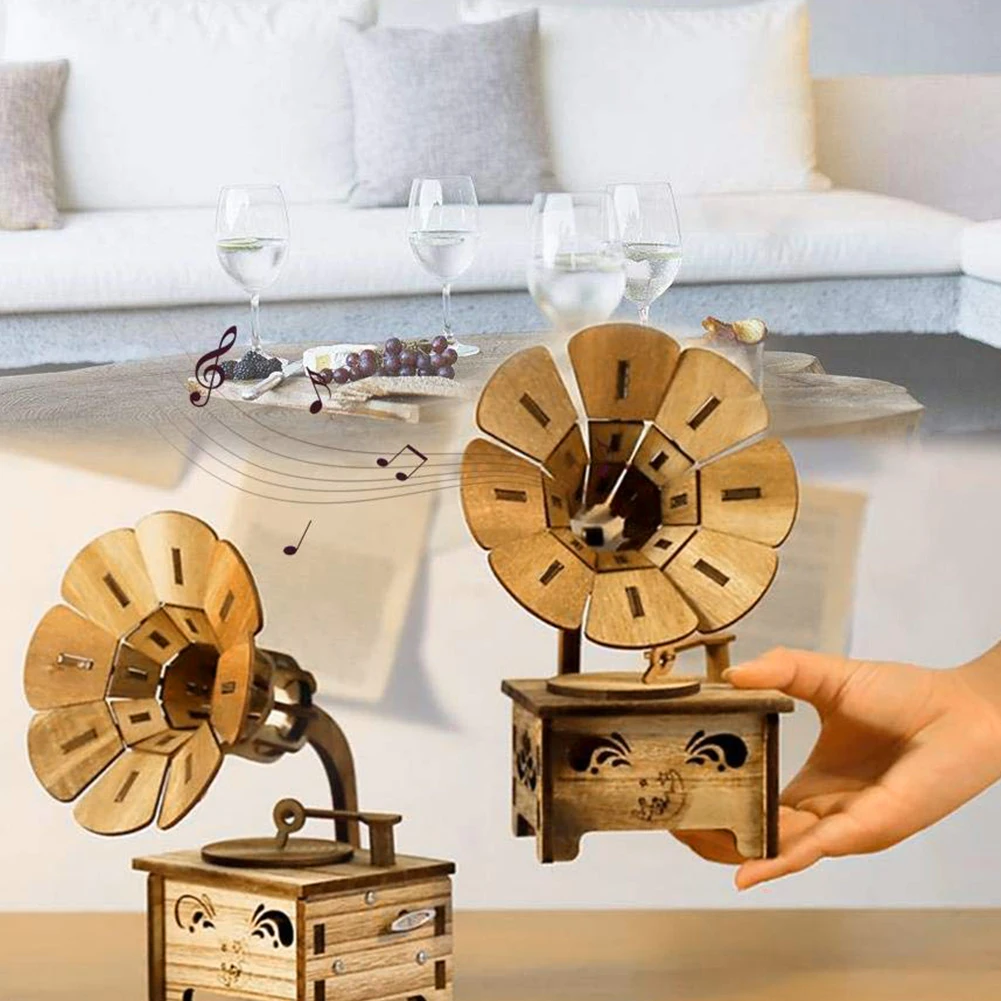 Мини Деревянный фонограф DIY Музыкальная Коробка Форма 3D деревянная головоломка