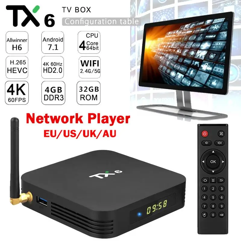 

TX6 Android 7.1 Network Player 4G+32GB Bluetooth 4.1 Dual Band WIFI Mali-T720 TV Box Smart Tv