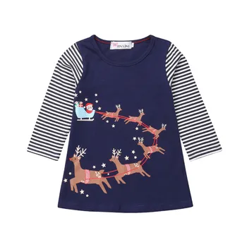 

Baby Girl Dress Christmas Deer Cartoon Princess Striped Long Sleeve Dresses Children Spring Autumn Clothes Outfits Sundres Kids