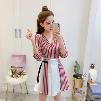

2019 new women's clothing set spring summer suit French fashion two-piece women chiffon shirt blouse & skirt vestido stripe