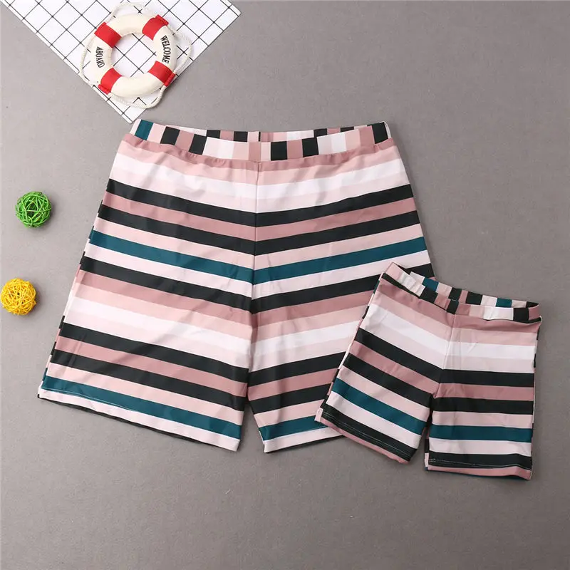 

2019 Family Matching Swimwear Father Mother Kid Bathing Suit Women Girl Striped Ruffle Bikini Men Boy Trunks Shorts Swimsuit