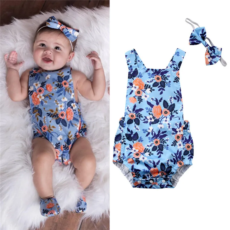 

Kids Baby Girls Clothes Floral Romper Bodysuit Jumpsuit Outfit Sunsuit 2PCS Sleeveless Backless Bodysuit Bowknot Headwear 0-18M