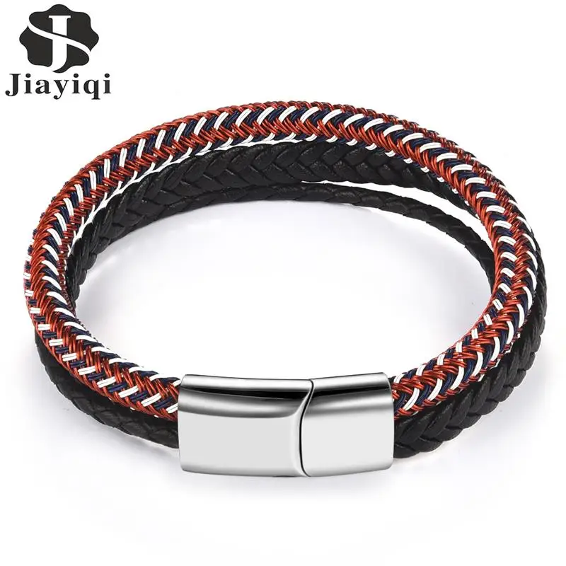 

Jiayiqi Trendy Men Jewelry Leather Bracelet Stainless Steel Magnetic Clasp Handmade Braid Wristband Male Bangle Christmas Gift