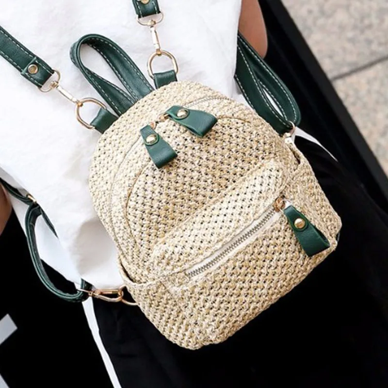 

2019 New Spring Summer Women Fashion Pu Patchwork Small Straw Backpack Woman Mini Backpack Female Casual Beach Bag OC126