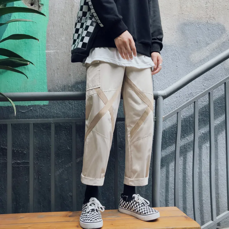 Men's Overalls 2019 Spring New Loose Straight Pocket Decorative Pants Personality Casual Pants Youth Men's Urban Style Trend