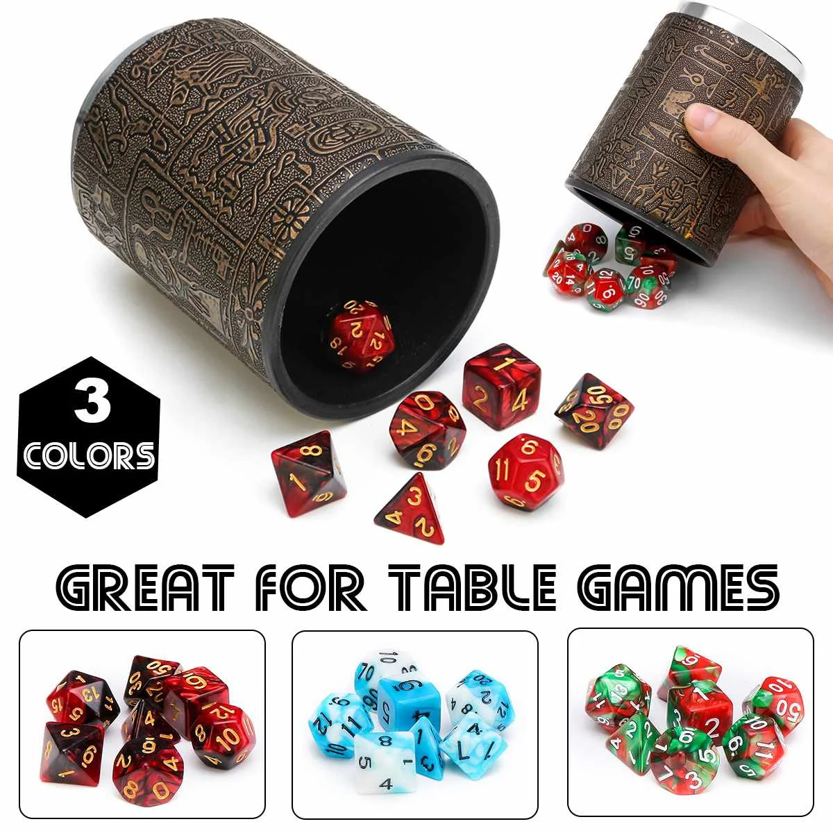 

7pcs Polyhedral Dices + Dice Cup for Dungeons and Dragons for DND RPG MTG Desk Game Table Game 3 Color Multisided Dices Cup Set