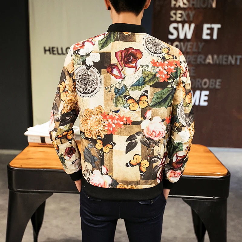 Hip Hop Jacket Men Slim Fit Flowers Pilot Bomber Jacket Men's Stand Collar Coats Male Clothing Streetwear Jacket Chaqueta Hombre